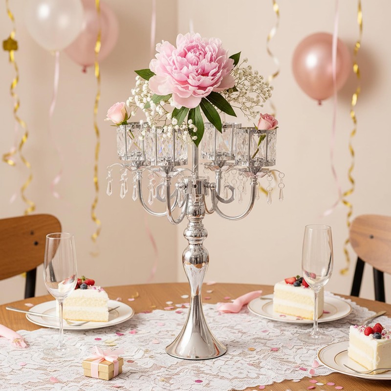 Silver Candelabra Table Centerpieces: 5 Arm Crystal Pendant Candle Holders
