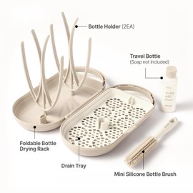 MOTHER-K Travel Baby Bottle Drying Rack Set - Baby Bottle Cleaner Kit with Mini Silicone Bottle Brush, Portable Bottle Drying Rack for Home and Travel (Cream)
