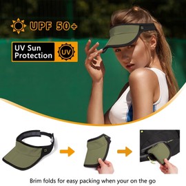 GADIEMKENSD Sun Visors Hats for Women Mens Beach Hat Summer Straw Sunhat Fashion Foldable Wide Brim Sombreros para Mujer Ponytail Caps UV Protection for Run Hiking Golf Football Army Green Black