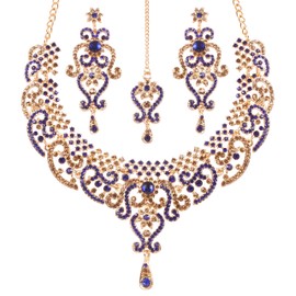 Touchstone New Indian Bollywood Princess Diana Studded Diamond Look Faux Smoky Quartz Blue Sapphire Rhinestones Designer Jewelry Necklace With Mangtika In Gold Tone For Women.