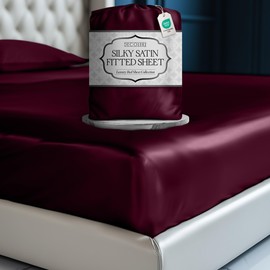 DECOLURE Satin Fitted Sheet Queen Size (1 PC) – Luxuriously Smooth & Softer Than Silk Bed Sheets w/ 15 Inch Deep Pocket Hypoallergenic Wrinkle Free, Secure Snug Fit, Elastic Corner Straps (Rosewood)
