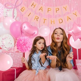 Pink Bow Birthday Party Decorations Set- Pink Happy Birthday Supplies for Girls Women with White Light Pink Balloons Decor Banner Fringe Curtains Pompoms Sash for 1st 16th 18th 21st
