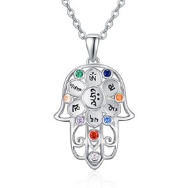 TANGPOET Hamsa Hand Necklace 925 Sterling Silver Om Mani Padme Hum Necklace Hand of Fatima Pendant Jewellery Gifts for Women Ladies Girls