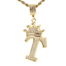 UALGL A-Z Letters Necklace Crown Necklace for Men Women 18K Gold Plated Letters Pendants with 23'' Chain Hip Hop Alphabet Name Jewelry Mom Gifts (Yellow-T)