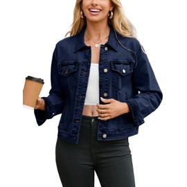 Glamaker Jean Jacket Women 2025 Long Sleeve Vintage Western Button Down Jean Shacket Trendy Autumn Outfits with Pockets (Denim Navy L)