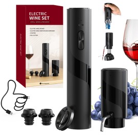 CIRCLE JOY Electric Wine Bottle Opener Set Rechargeable 7-in-1 Wine Set with Foil Cutter, Electric Wine Opener, Electric 2in-1 Wine Aerator & Pourer, Electric Vacuum Pump and 2 Wine Stoppers, Black
