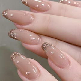 Hkanlre Nude French Long Fake Coffin Nails Tips Press on Nails Full Cover Crystal False Nails for Women 24PCS