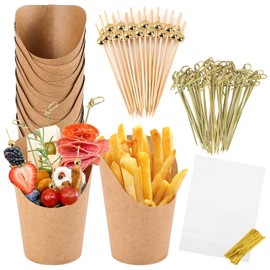 Disposable Charcuterie Cups, 60 Sets of 14 oz Brown Kraft Paper Snack Boxes with Cocktail Skewers, Toothpicks, Sticks, and Bags, Appetizers Cup French Fry Holder (60 Cups + 60 Bags + 200 Sticks)