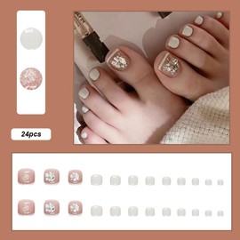 24 Pcs French Tip Press on Toenails Cream Color Short Square Fake Toe Nails with Rhinestone Design Silver Glitters False Toenails for Women and Girls