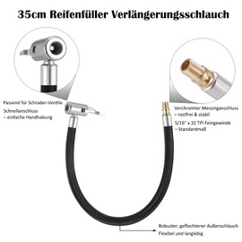 Valve Extension Set 35 cm Tyre Inflator Hose with 2 Pieces 8 mm Car Valve Lever Plug - Tyre Inflation Hose Adapter for Car Bicycle Motorcycle Compressor - Air Pressure Proof & High Pressure Resistant