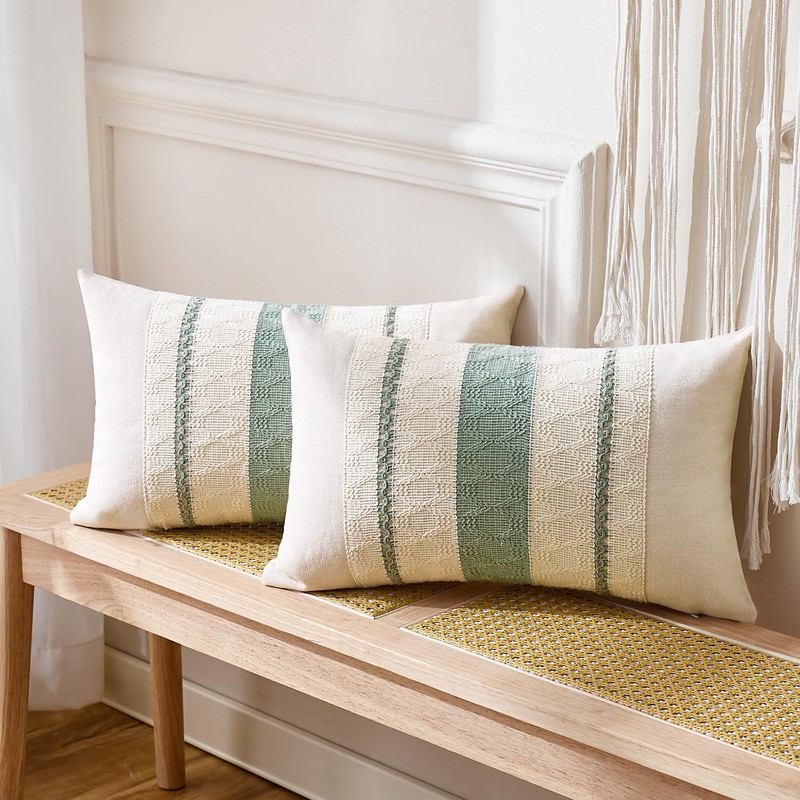 Cushion Covers Sage Green Boho Striped Geometric Decorative Cotton Pillowcases