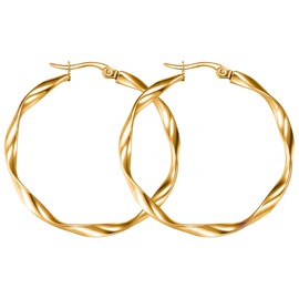 day.berlin Celio Women's Creole Earrings 35 mm Diameter 18 Carat Gold-Plated Twisted Earrings 2 mm Thick 316L Stainless Steel Waterproof and Nickel-Free, Stainless Steel, No Gemstone