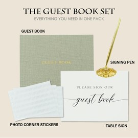 Gooji Linen Wedding Guest Book Wedding Reception Guestbook to Sign in and Add Polaroid Photos or Baby Shower includes Sign Card, Signing Pen, Photo Corners (Sage Green) 7x9, 100 pages Gold Foil, Lined