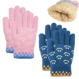 Kids Warm Winter Gloves Knit Thermal Cold Weather Snow Wool Fleece Lined Mittens for Girls Boys(pink/blue)