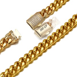 AAAbling Mens Miami Cuban Link Chain 18K Gold plated Engraved 12mm Stainless Steel Curb Necklace with cz Diamond Chain Choker, Stainless Steel, No Gemstone