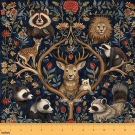 Erosebridal Elk Fabric by The Yard,Lion Bear Upholstery Fabric,Antlers Safari Animals Decorative Fabric,Retro Plants Flowers Indoor Outdoor Fabric,Branches Woodland Waterproof Fabric,Green, 1 Yard