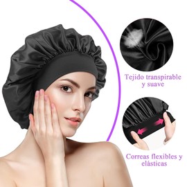 3 PZS Gorros de Satén,Gorros De Dormir de Seda,Gorros De Dormir para Mujer,Gorros de Dormir Grandes,Gorros Anchos y Suaves con Correa para Cabello Liso y Rizado,Negro,Azul,Morado