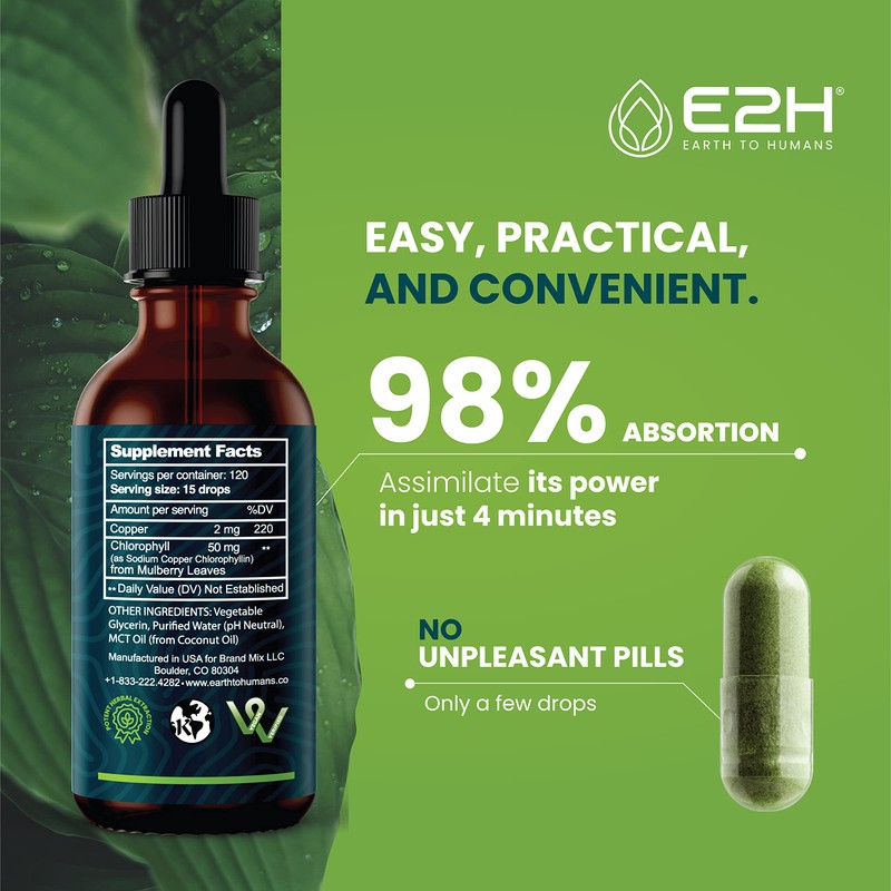E2H Chlorophyll Liquid Drops - All-Natural Flavored Energy Booster, Immune