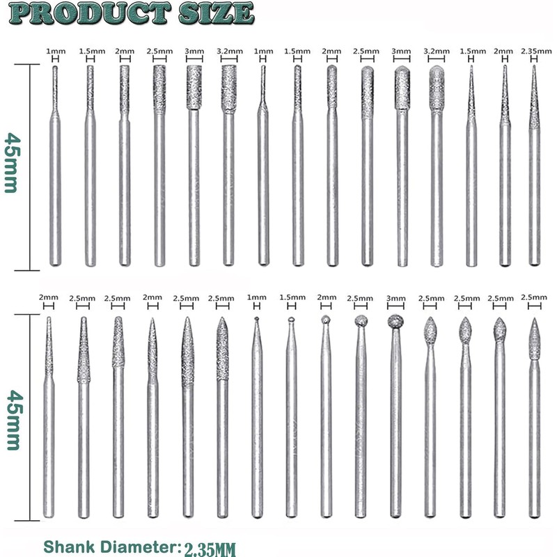 KEWAYO 30pcs Diamond Grinding Bits Set, Diamond Coated Rotary Burrs,