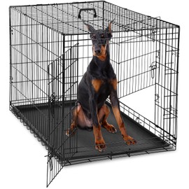 DUMOS Dog Crate, 48 Inch Extra Large Double Door Dog Cage with Divider Panel and Plastic Leak-Proof Pan Tray, Folding Metal Wire Pet Kennel for Indoor, Outdoor, Travel