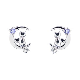 Mirai - Tenshi Women's Cat Crescent Moon Silver Earrings with Birthstone, for a Birthday Present