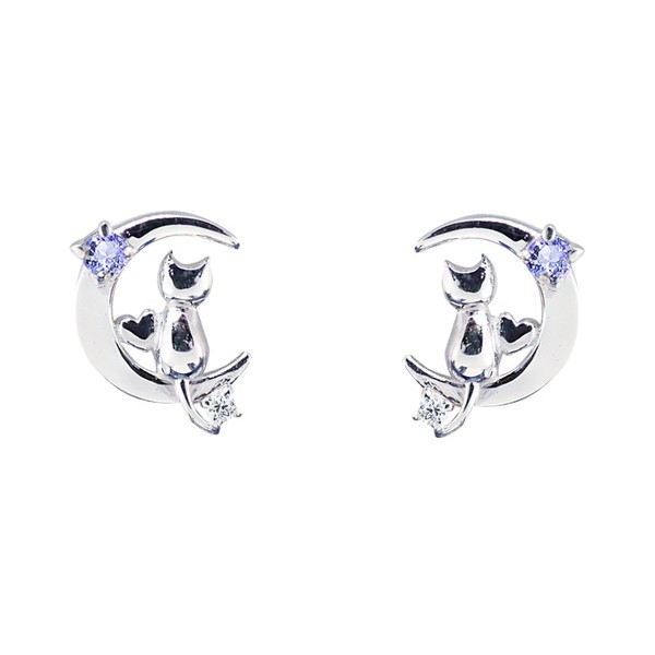 Mirai - Tenshi Women's Cat Crescent Moon Silver Earrings with