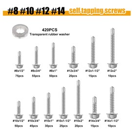 weideer 840pcs #8#10#12#14 Self Tapping Screws for Metal,410 Stainless Steel Screws Assortment Kit, Hex Washer Head Quick Tapping Self Drilling Screw with Rubber Washer (420 Sets) K-189