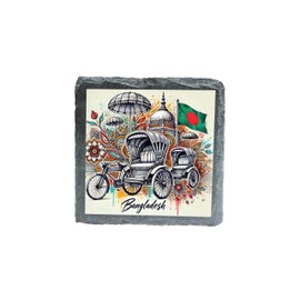 Bangladesh Rickshaw Slate Coaster with Colorful Artwork and Flag Design (slco-kf25-1569)