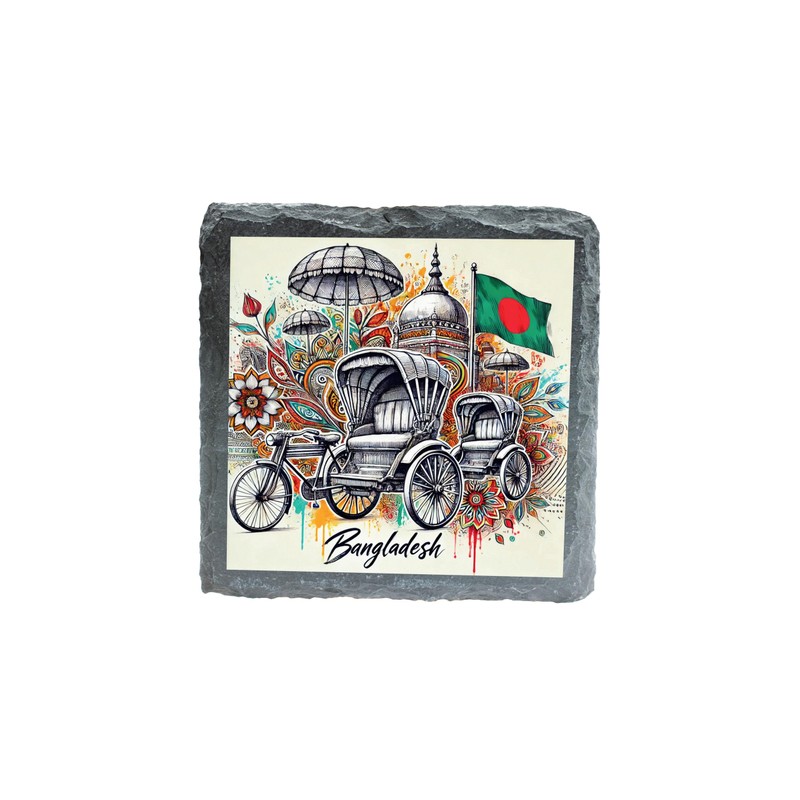 Bangladesh Rickshaw Slate Coaster with Colorful Artwork and Flag Design