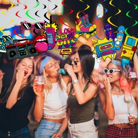 WODJR 20Pcs 90s Hanging Swirls 90s Party Decorations Disco Hanging Ornament Back to 90s Colorful Ceiling Ornament Throwback Birthday Ceiling Swirls for Disco Party Decorations Hip Pop 90s Party Supplies