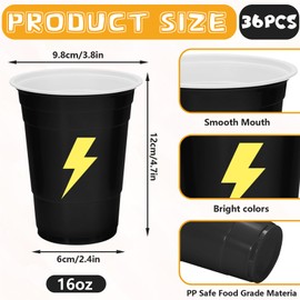 JarThenaAMCS 36Pcs Lightning Plastic Cups 16oz Red Yellow Black Disposable Plastic Cup Cartoon Party Cups for Birthday Baby Shower Supplies