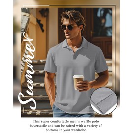 Neer 3 Pack Men's Waffle Henley Button Collared T-Shirts, Short Sleeve Lapel V Neck Side Split Classic Summer Basic Tees(Light Gray, White, Black,Large)