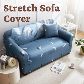 Printed Couch Slipcovers with One Pillow Cover for Living Room Washable Printed Loveseat Sofa Covers Modern Stretch Furniture Protector (Blue Feather,2 Seater)