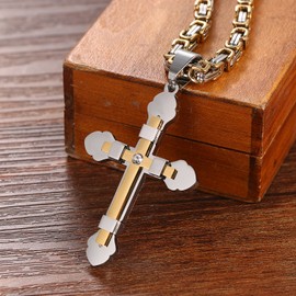 Cupimatch Men's Vintage, Stainless Steel, Crucifix Pendant Necklace with Engraving, Bible Prayer in English, Gold and Silver Byzantine Chain, 65 cm, Stainless Steel