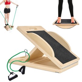 3-in-1 Adjustable Wooden Slant Board, Balance Board & Resistance Band – 5 Incline Angles – Stretch Board for Calf Stretching, Squats, Physical Therapy – Anti-Slip Surface, Portable, Metal Hook