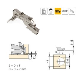 Emuca - Pack of 2 X91 Inset Hinges 165 Degree Opening with Soft Closing and Euro Screw-in Plates, Height 0, Steel, Nickel Plated