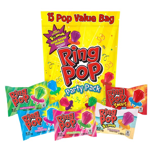 Ring Pop Individually Wrapped Bulk Lollipop Variety Party Pack – 15 Count Lollipop Suckers w/ Assorted Flavors - Fun Candy for Birthdays and Celebrations