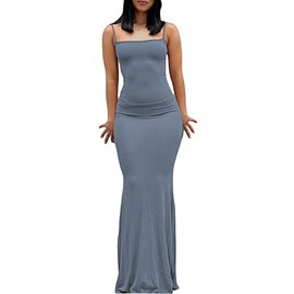 Women's Cami Bodycon Dress Casual Basic Solid Dress Spaghetti Strap Maxi Dress, Blue- 1