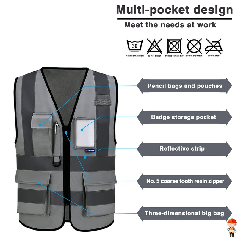 A-SAFETY Chaleco reflectante de alta visibilidad gris