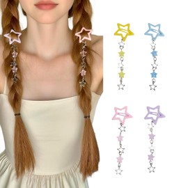 4 Pcs Tassel Star Snap Hair Clips with Chain Fringe Metal Cute Barrette for Women Girls Y2K Colorful Hair Accessories (Blue/Yellow/Pink/Purple)