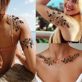 Casciybo Black Flower Butterfly Temporary Tattoos for Women Girls, 10Sheets Large Waterproof Arm Adults Fake, Realistic That Look Real Last Long Tattoo Stickers Party Favors Supplies Gifts