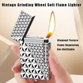 Soft Flame Metal Traditional Cigar Butane Lighter With Adjustable Flame Dial, Vertical Ignition Roller Flint Wheel, Classic Drawing (Silvery-1)