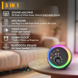 White Noise Sound Machine for Sleep, 30 Soothing Sounds, 8 RGB Dimmable Night Lights, Bluetooth Speaker Alarm Clock for Bedrooms, Heavy Sleepers, Ideal Gift for Baby, Kids, Teenagers, Adults, Seniors