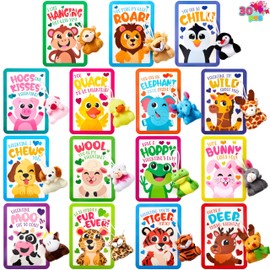 JOYIN 30 Packs Valentine's Day Gifts Cards with Animal Plush Toy for Kids, Valentine's Plush Keychain Toy for Classroom Exchange Cards and Party Favor, Greeting Gifts, Game Prizes