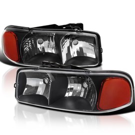 Spec-D Tuning Black Housing Clear Lens Headlights with Amber Reflector Compatible with 1999-2007 GMC Sierra, Left + Right Pair Headlamp Assembly