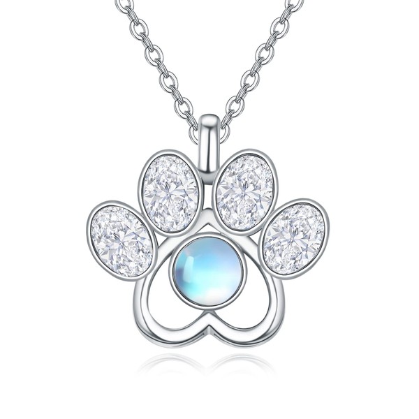 TANGPOET Dog Paw Necklace 925 Sterling Silver Moonstone Dog Print
