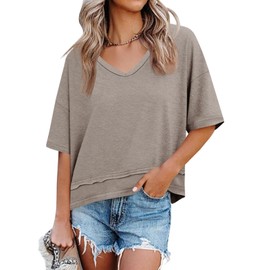 Cicy Bell Womens Summer V Neck T Shirts Casual Short Sleeve Flowy Tops Cute Loose Fit Basic Tees Khaki