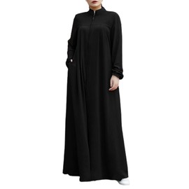 Womens Abaya Muslim Long Sleeve Front Zipper Dress Prayer Islamic Clothes with Pockets Black Medium
