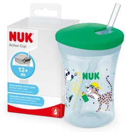 NUK Action Cup Children's Drinking Cup, 12+ Months, 230 ml, Twist Lid with Soft Straw, Leak-Proof, BPA-Free, Green