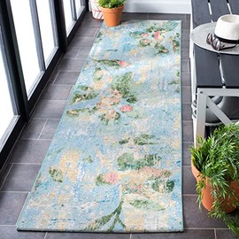 SAFAVIEH Barbados Collection Runner Rug - 2'8" x 10'5", Light Blue & Green, Waterproof Washable Design, Non-Shedding & Easy Care, Indoor/Outdoor & Washable-Ideal for Patio, Backyard, Mudroom (BAR522M)